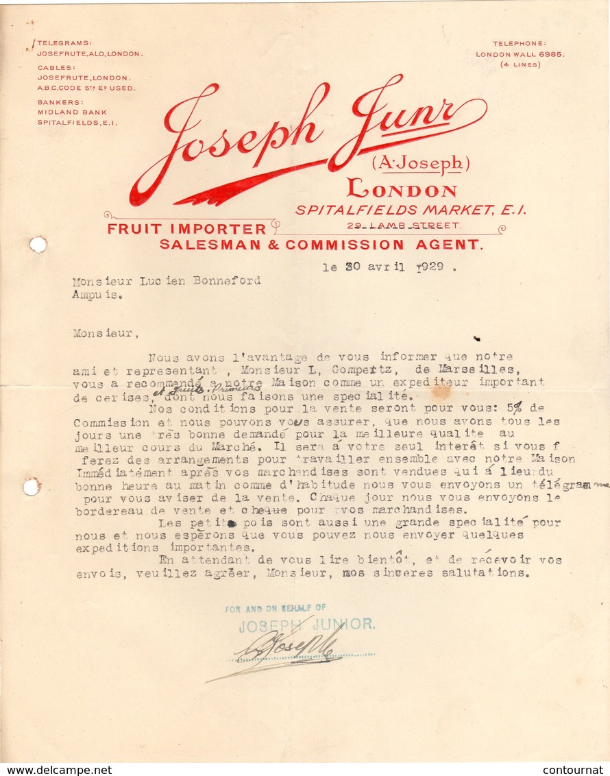 ANGLETERRE LONDON COURRIER 1929 Fruit Importer Salesman Joseph JUNR   °   A24 - United Kingdom