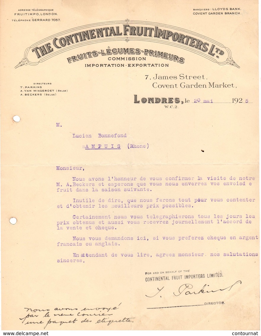 ANGLETERRE LONDRES COURRIER 1925 Fruits Légumes Primeurs THE CONTINENTAL Fruit Importers  - A24 - United Kingdom