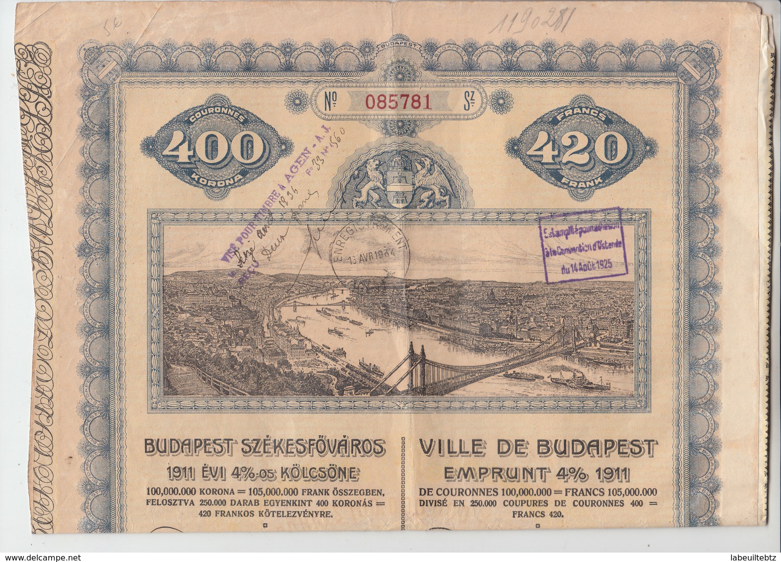 HONGRIE - HUNGARY - Emprunt 4 % 1911 Ville De BUDAPEST ( Reste 12 Coupons )  PRIX FIXE - Autres & Non Classés