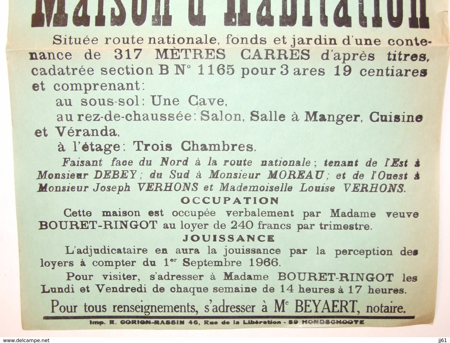 LOON PLAGE AFFICHE DE VENTE D UNE MAISON OCCUPE PAR MME BOURET RINGOT ANNEE 1966 NOTAIRE MR BEYAER A HONDSCHOOTET - Afiches