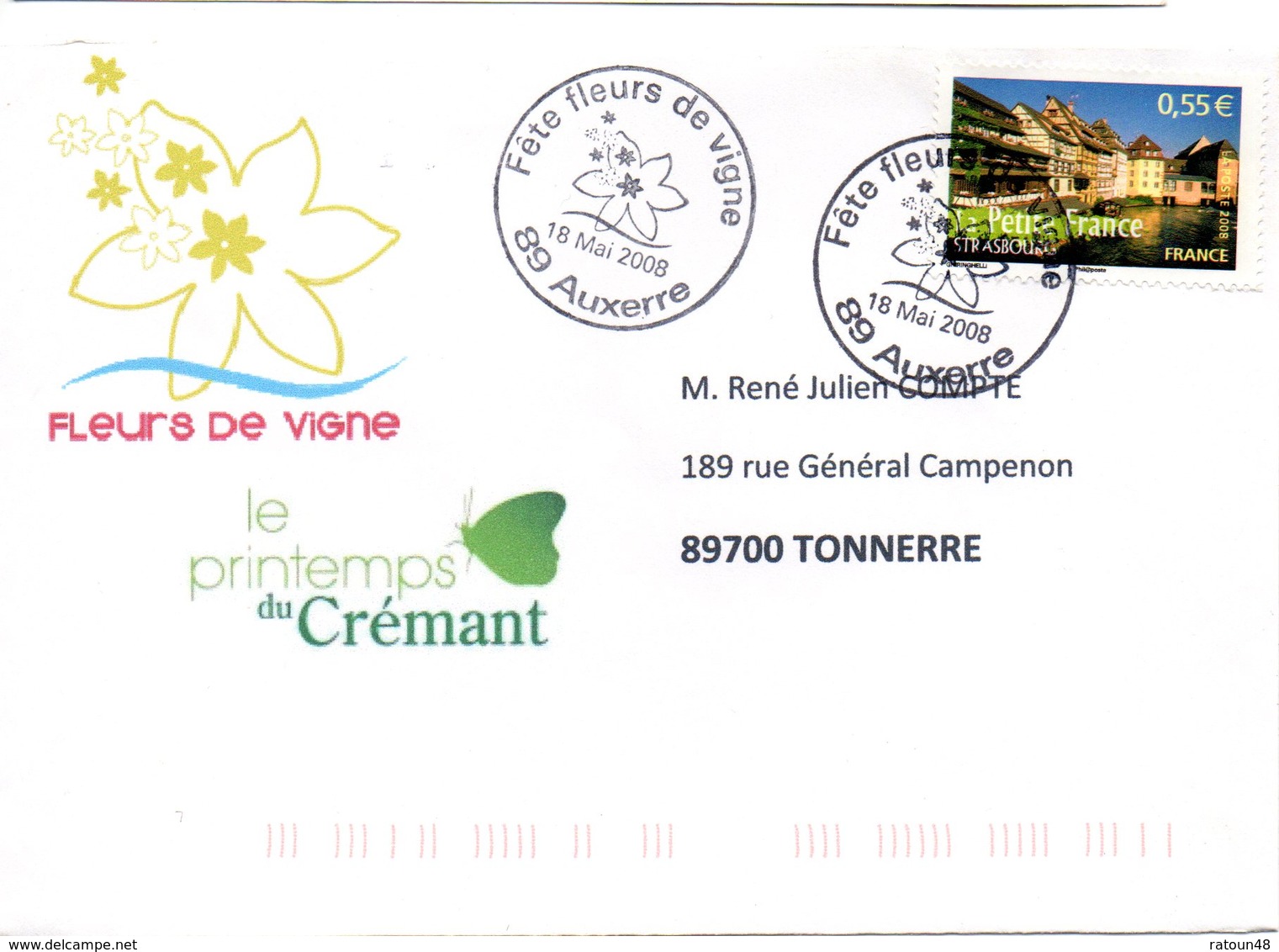 Enveloppe   Avec Cachet  De La Fête Fleur De Vigne à Auxerre Le 18 Mai 2008 - Vinos Y Alcoholes