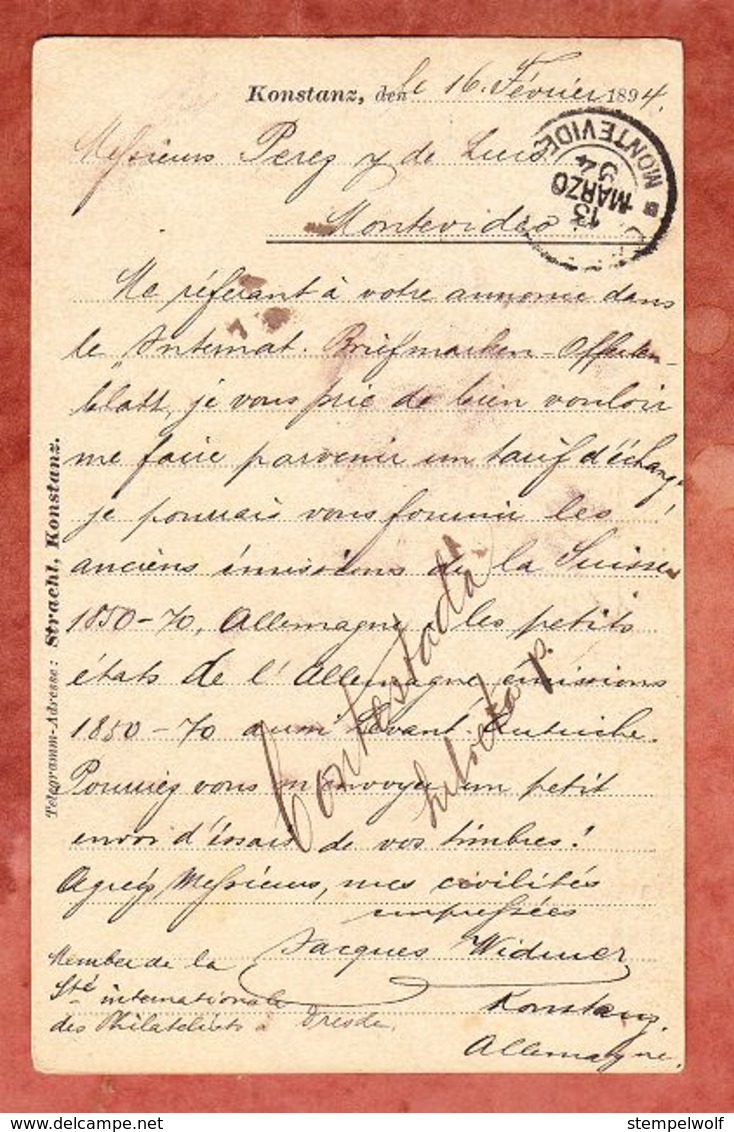 Karte, EF Adler, Zizenhausen Nach Montevideo, AK-Stempel 1894 (48353) - Lettres & Documents