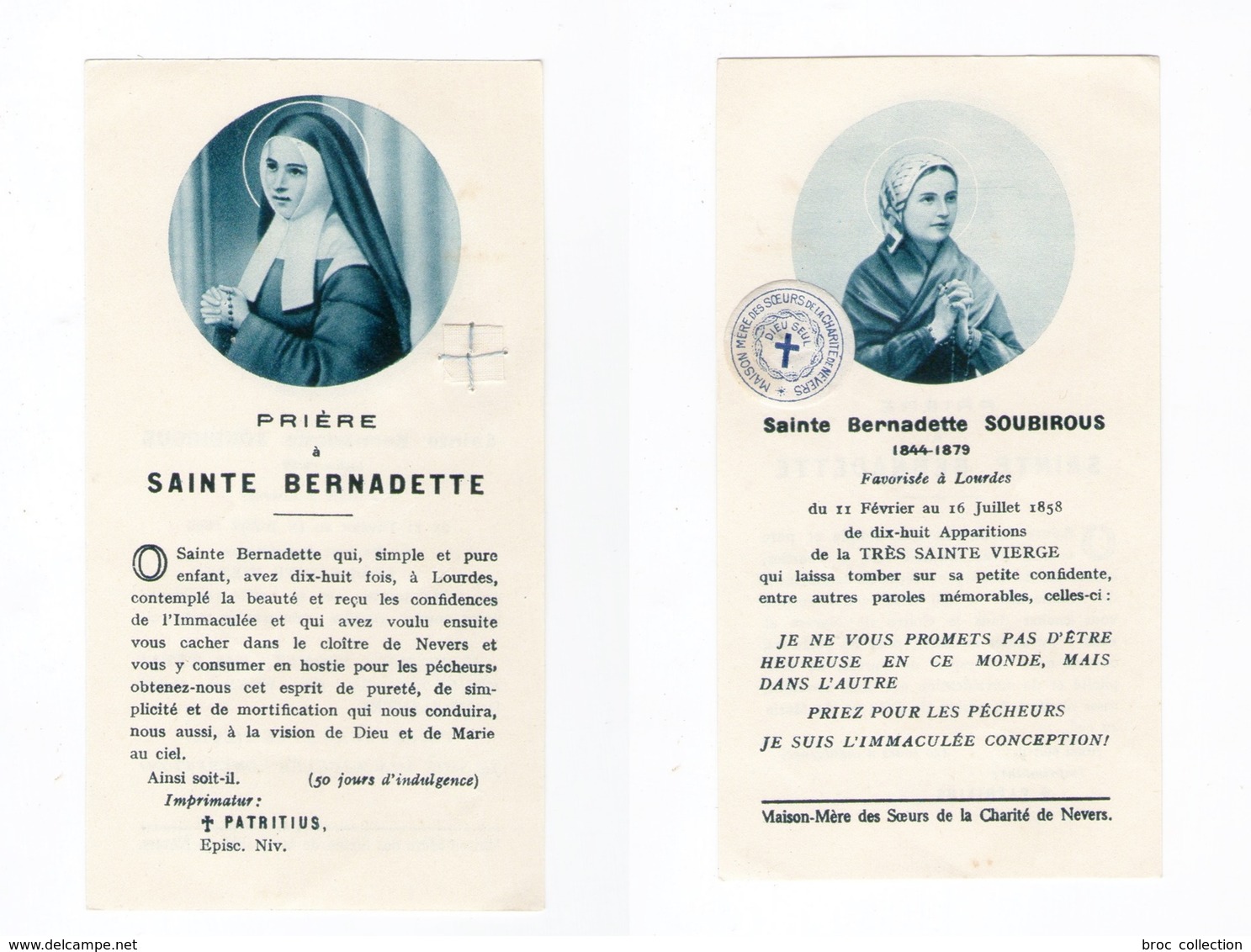 Relique Sainte Bernadette Soubirous, étoffe Non Précisée (Lourdes, Nevers) - Imágenes Religiosas