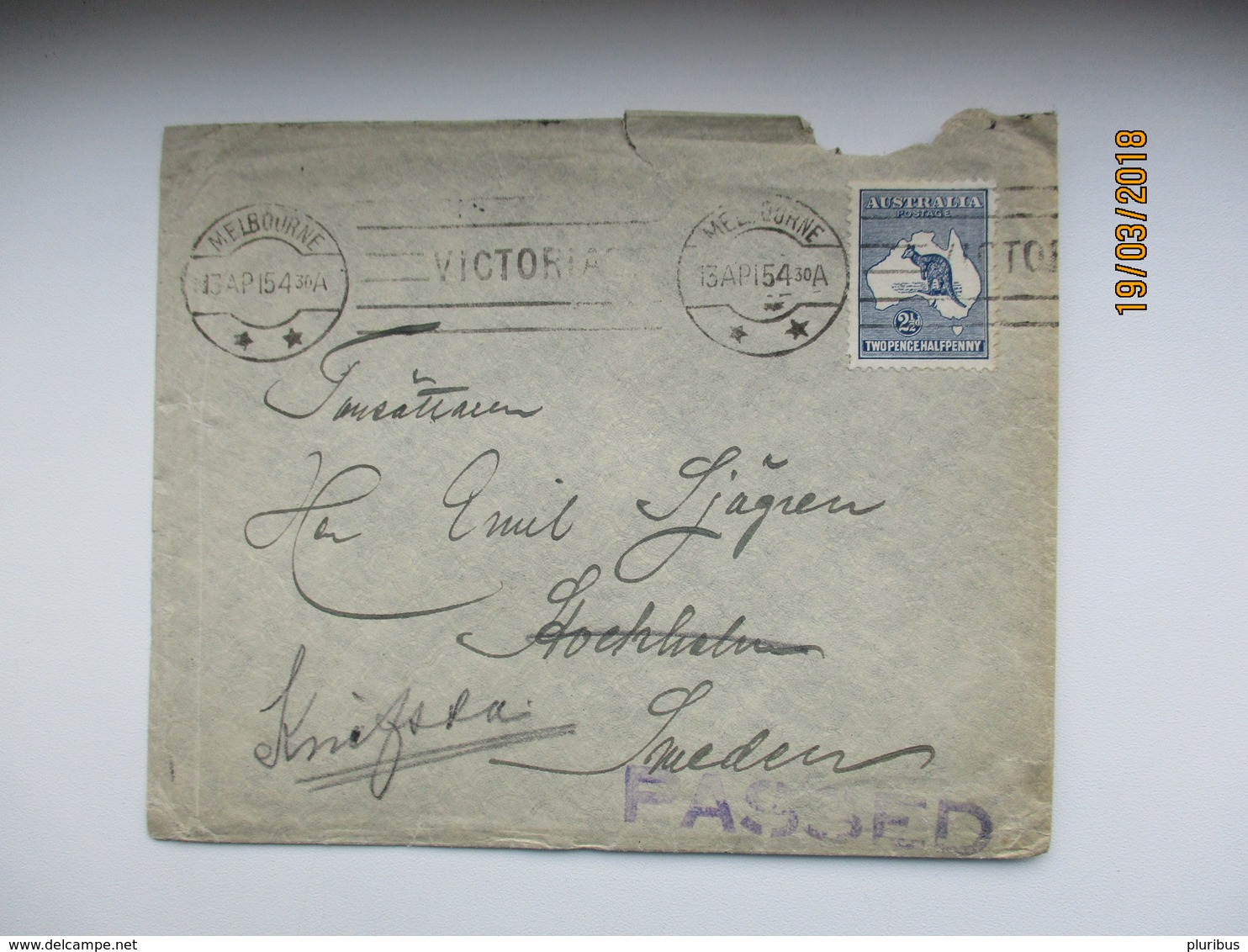 AUSTRALIA 1913 MELBOURNE TO SWEDEN ,  2 1/2 KANGAROO     ,  COVER  ,  0 - Briefe U. Dokumente