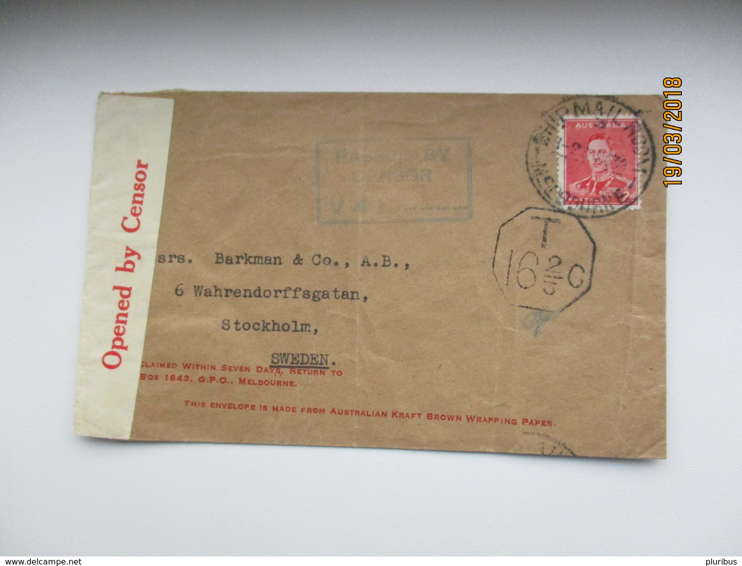 1939 AUSTRALIA SHIP MAIL MELBOURNE TO SWEDEN , CENSOR     ,  COVER  ,  0 - Lettres & Documents