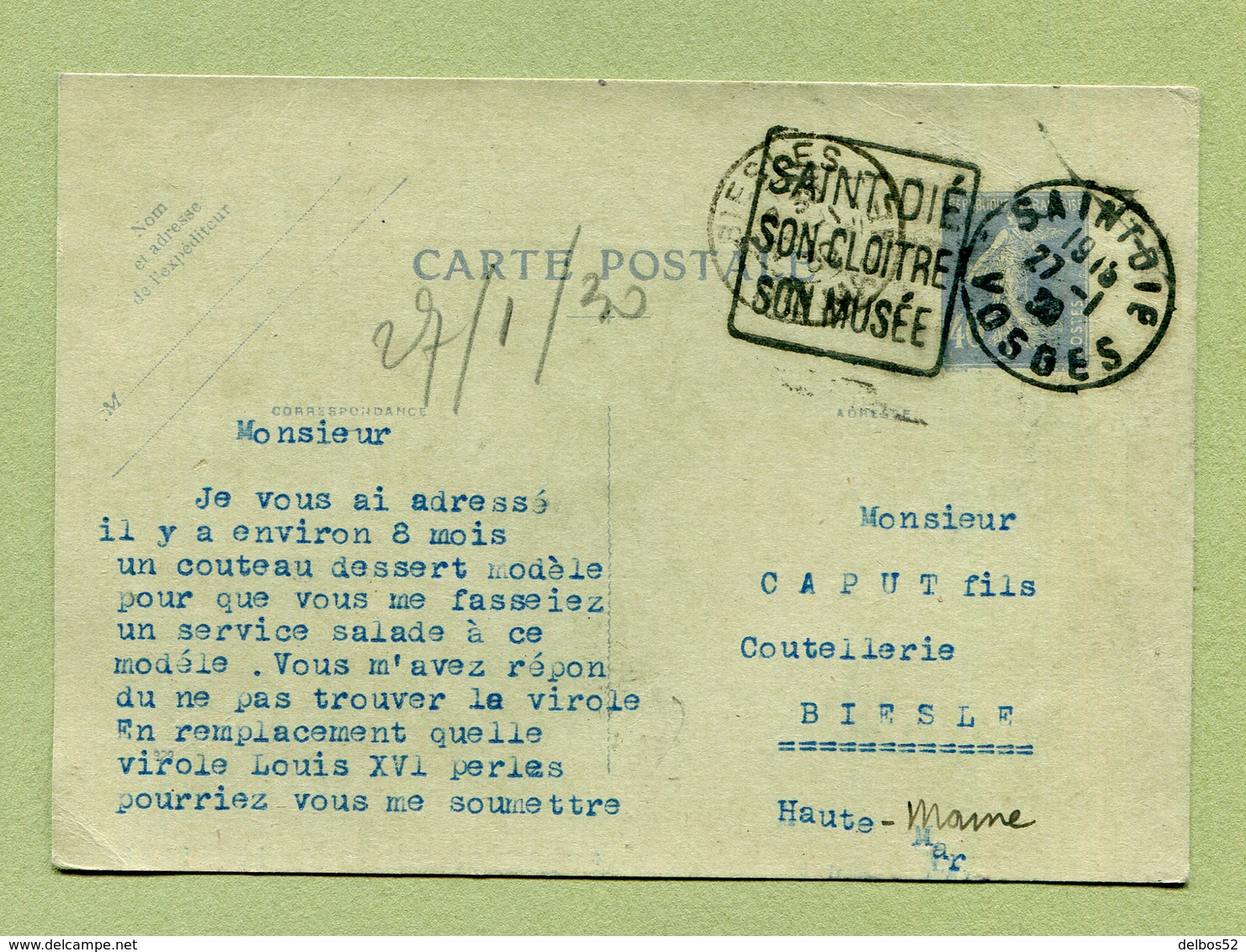 Sc R1a : " SAINT-DIE "  1930  Oblitération DAGUIN - Cartes Postales Types Et TSC (avant 1995)