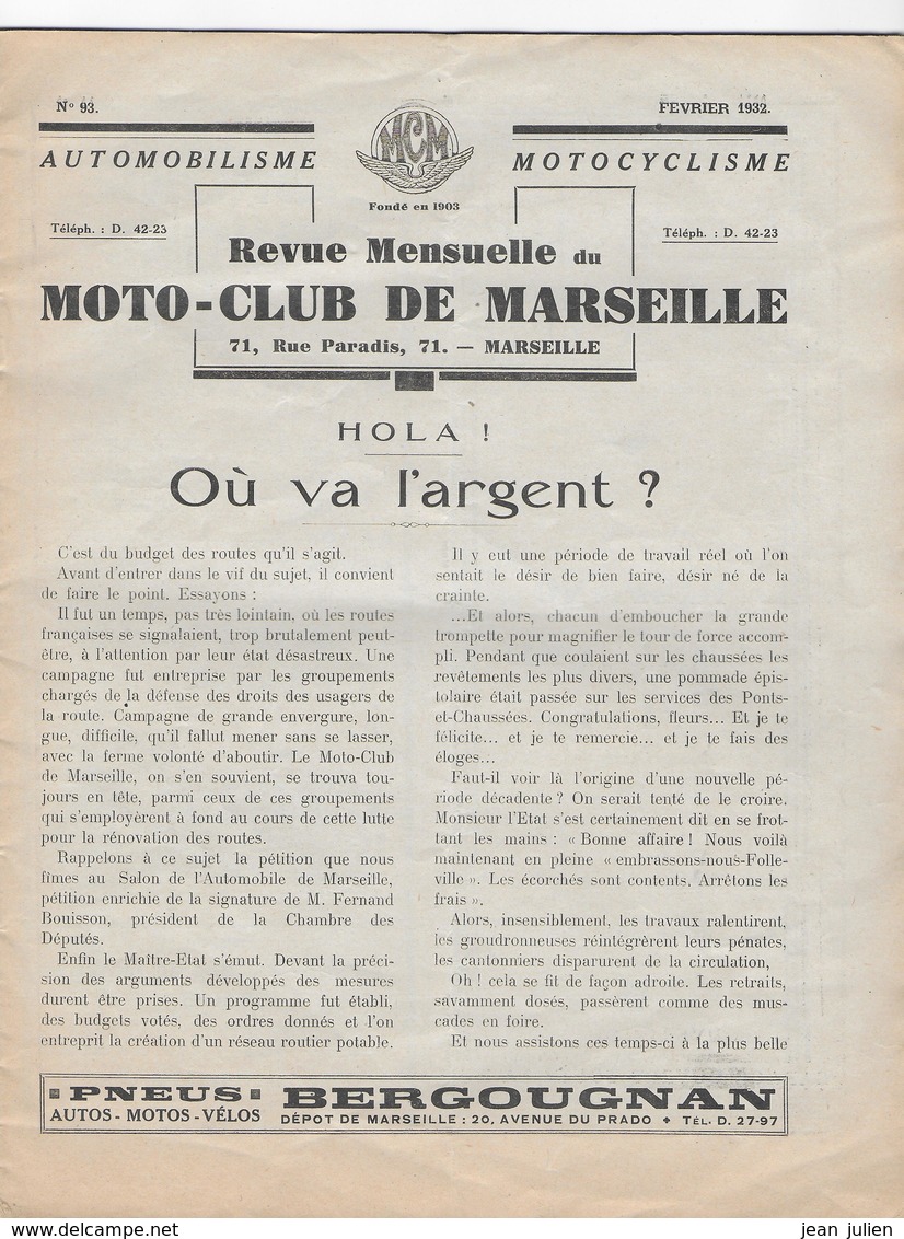 13 - MARSEILLE  -  Revue Moto-club De Marseille  - 1932 - Automobiliste - Motocycliste - - Other & Unclassified