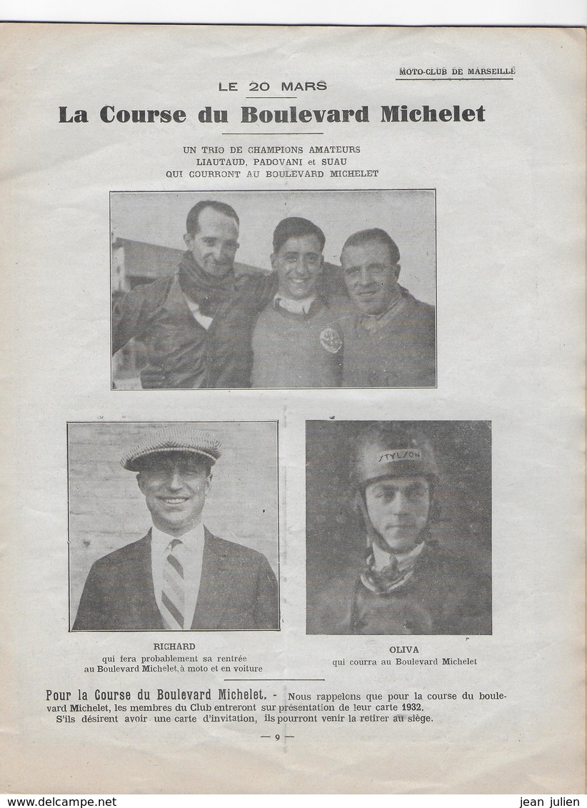 13 - MARSEILLE  -  Revue Moto-club De Marseille  - 1932 - Automobiliste - Motocycliste - - Other & Unclassified