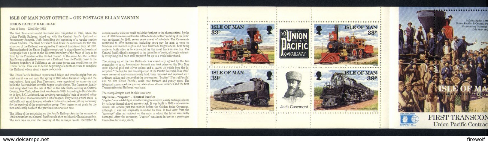 A36 - Isle Of Man - 1992 - Booklet - Trains Railways / Golden Spike / Jupiter Central Pacific / Union Pacific - Eisenbahnen