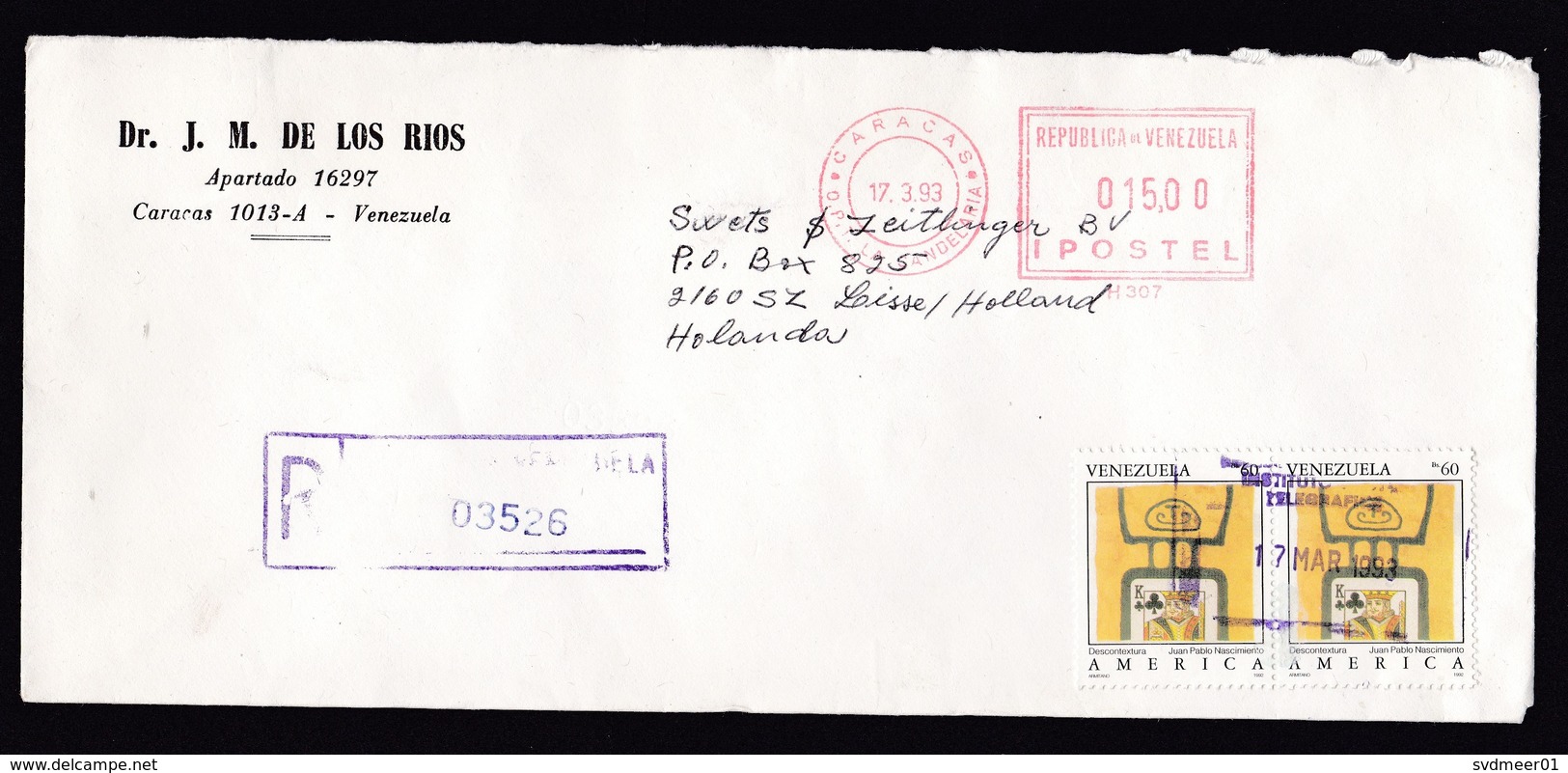 Venezuela: Registered Cover To Netherlands, 1993, 2 Stamps, Meter Cancel, Art, Play Card (traces Of Use) - Venezuela