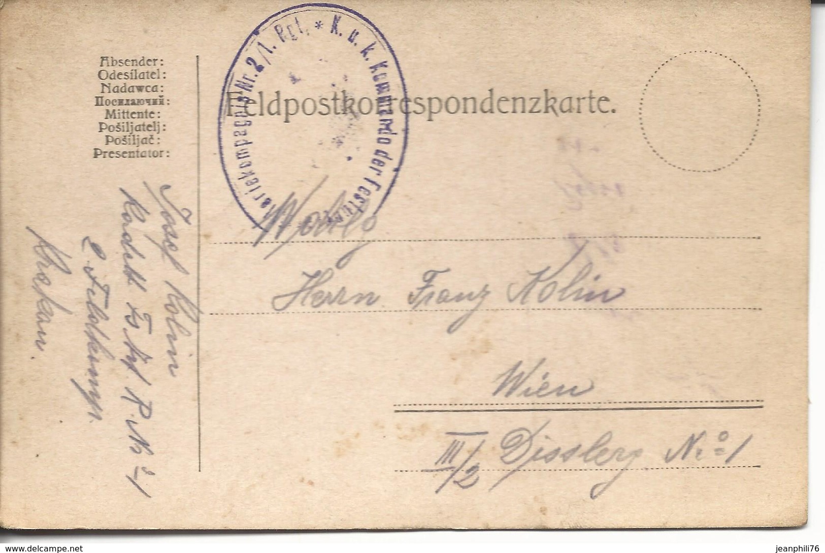 Feldpostkorrespondenz De Cracovie >> Wien"K.u.k.kommando Des FestungsArtilleriekompagnie Nr.2/1 Rgt" - Covers & Documents