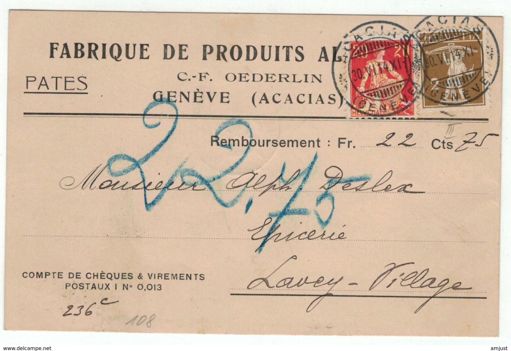 Suisse // Schweiz // Switzerland // 1907-1939 // Carte Publicitaire Et Commerciale  Au Départ De Genève-Acacias - Lettres & Documents
