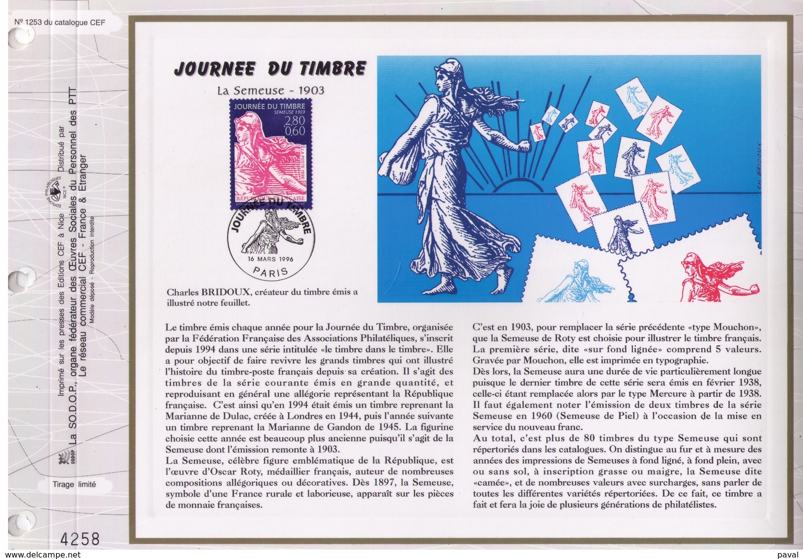 FEUILLET CEF TIRAGE LIMITE, LA SEMEUSE 1903, JOURNEE DU TIMBRE, 1996 - Journée Du Timbre