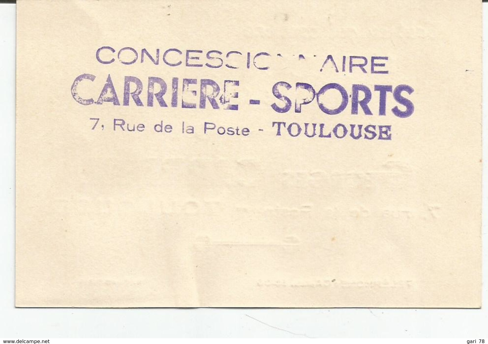 Carte De Visite Concessionnaire Georges CARRIERE Toulouse (vers 1955) Le Caoutchouc Et Le Sport - Cartes De Visite