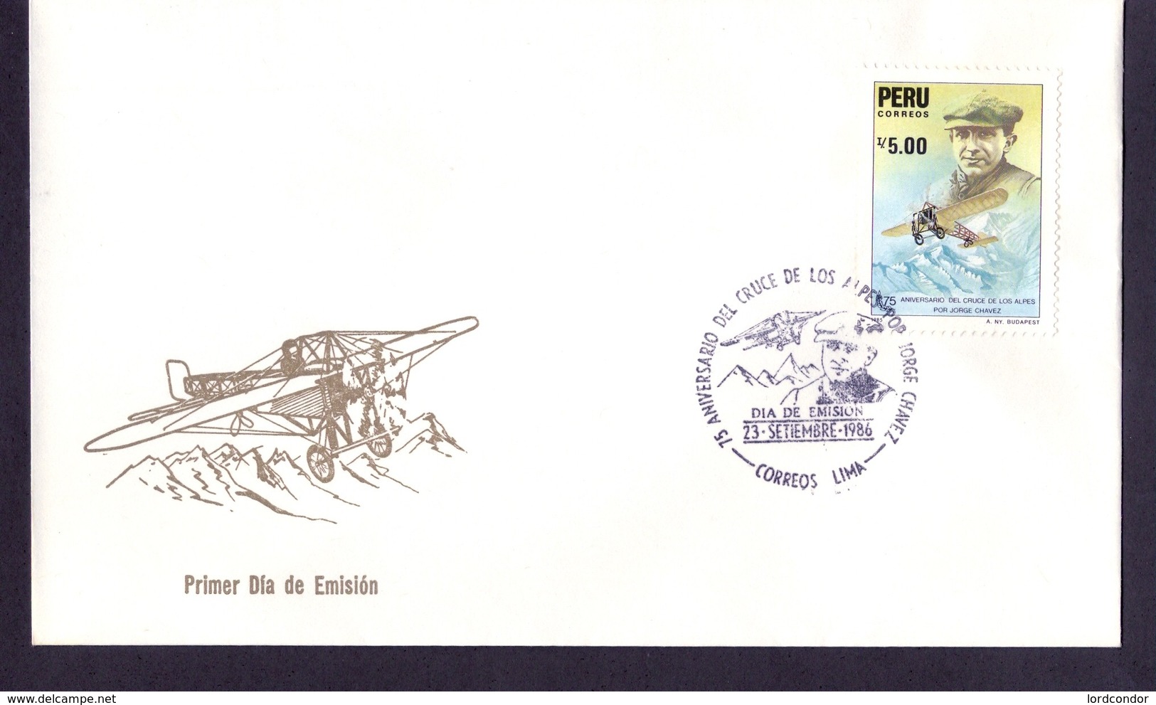 PERU - 1986 - FDC - Jorge Chavez Flight Over The Alps, 75th Anniv, Airplane - VF New - Perù