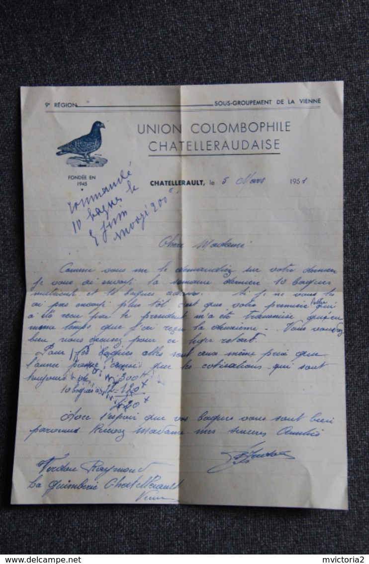 Lettre De CHATELLERAULT ( Vienne) - Union Colombophile Chatelleraudaise Avec Enveloppe Publicitaire. - Sport En Toerisme