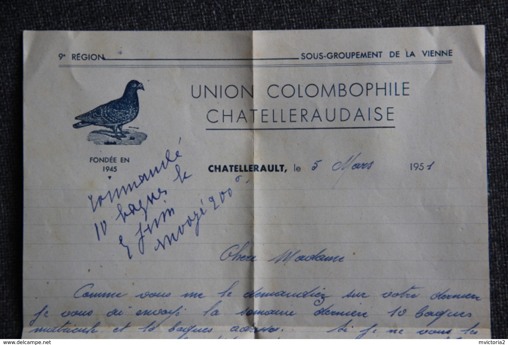 Lettre De CHATELLERAULT ( Vienne) - Union Colombophile Chatelleraudaise Avec Enveloppe Publicitaire. - Sport En Toerisme