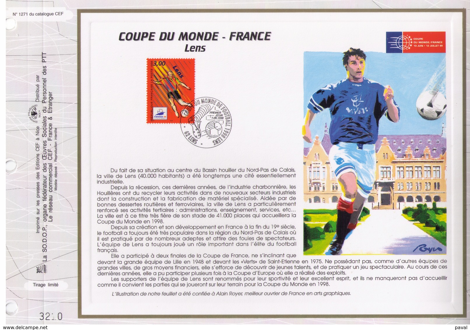 FEUILLET CEF TIRAGE LIMITE, COUPE DU MONDE DE FOOTBALL EN FRANCE A LENS, 1996 - 1998 – France