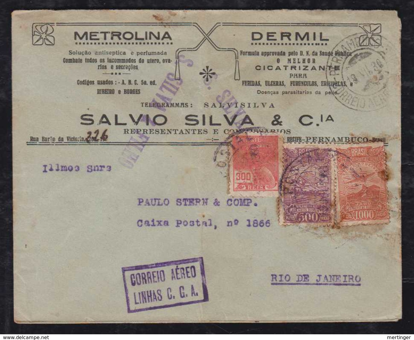 Brazil Brasil 1930 AEROPOSTALE CGA Airmail Cover RECIFE To RIO - Lettres & Documents