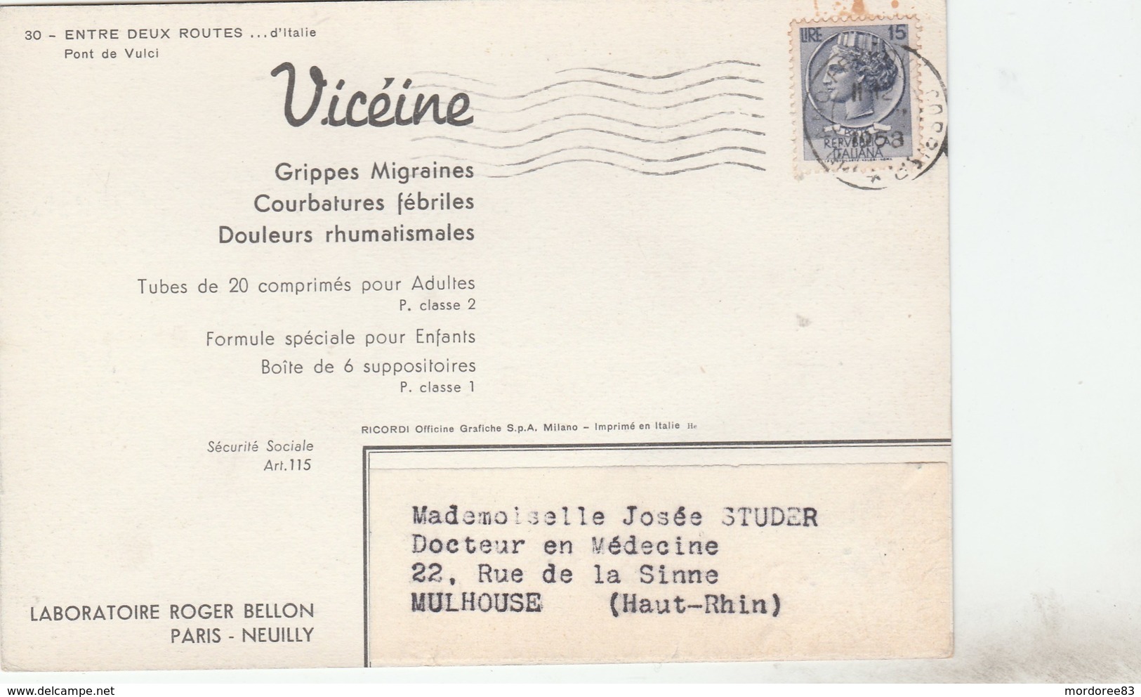CARTE PUBLICITAIRE LABORATOIRE BELLON - VICEINE 1958 ITALIE POUR MULHOUSE - Tda11 - Pharmacy