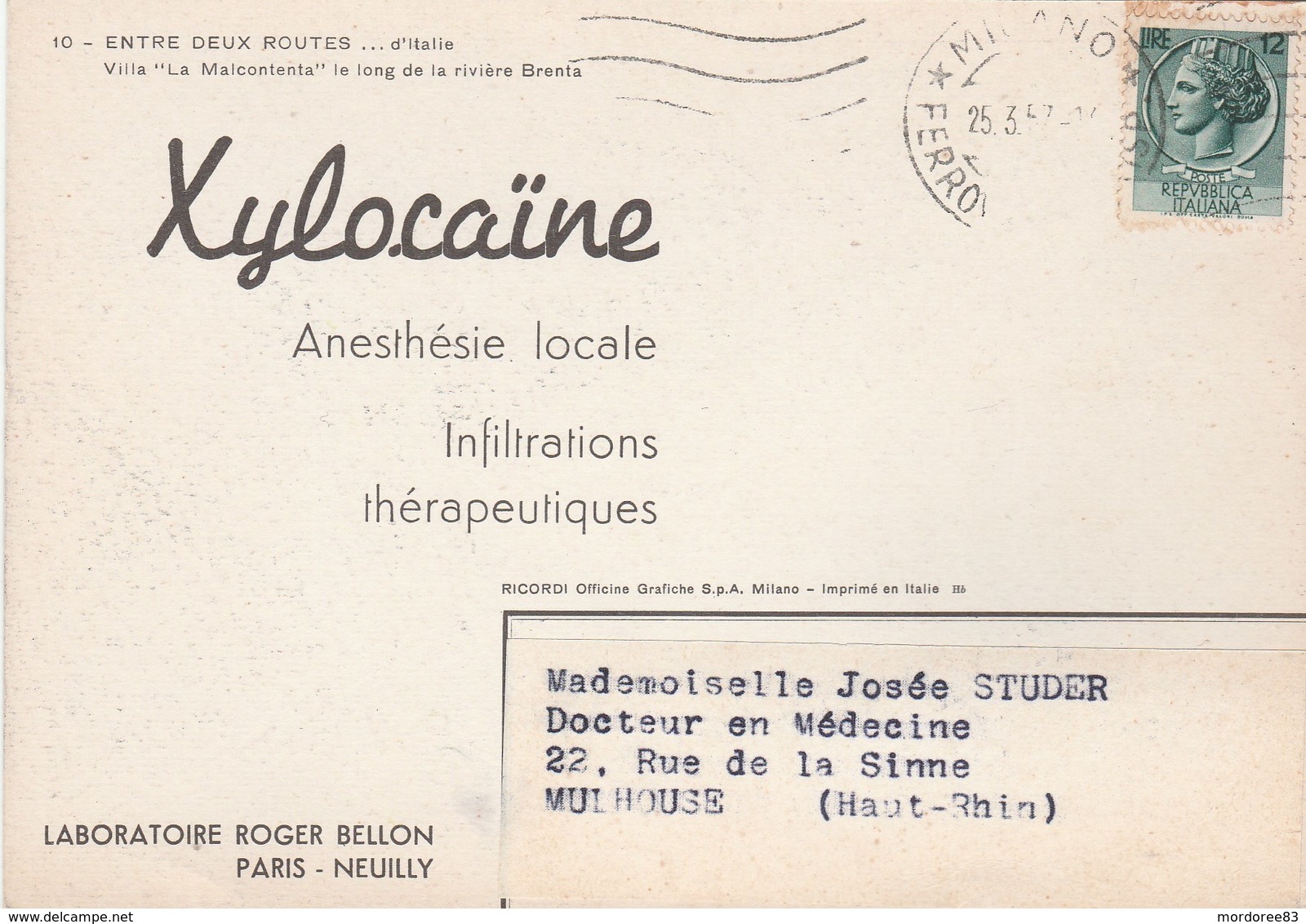 CARTE PUBLICITAIRE LABORATOIRE BELLON - XYLOCAINE 1957 ITALIE POUR MULHOUSE - Tda11 - Pharmacy