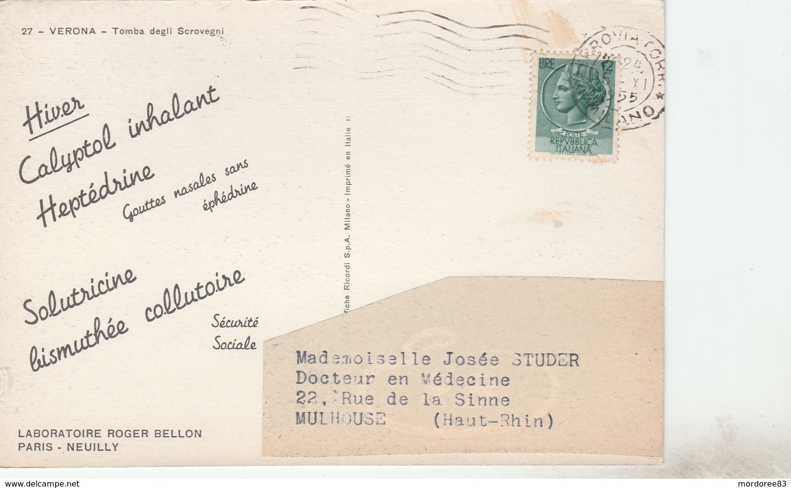 CARTE PUBLICITAIRE LABORATOIRE BELLON - CALYPTOL 1955 ITALIE POUR MULHOUSE - Tda11 - Pharmacy