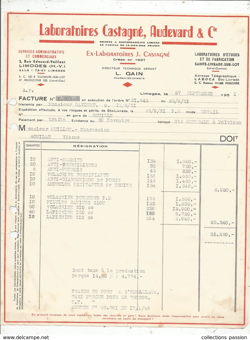 Facture , 1951 ,laboratoires CASTAGNE , AUDEVARD & Cie , LIMOGES , Haute Vienne - 1950 - ...