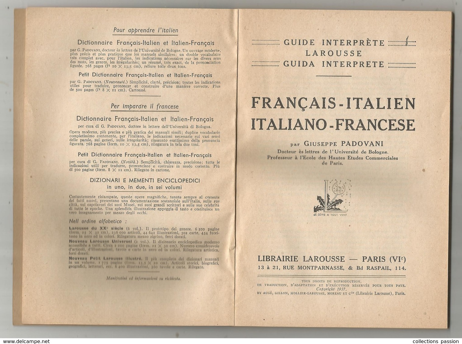 Guide Interprète , Guida Interprete LAROUSSE , Français - Italien,1937 , 3 Scans , Frais Fr 2.85 E - Tourism