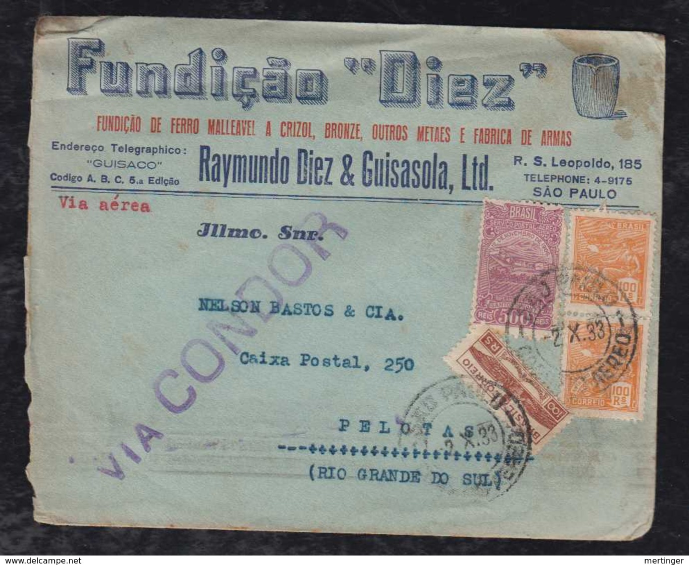 Brazil Brasil 1933 CONDOR Airmail Advertising Cover SAO PAULO To PELOTAS - Storia Postale