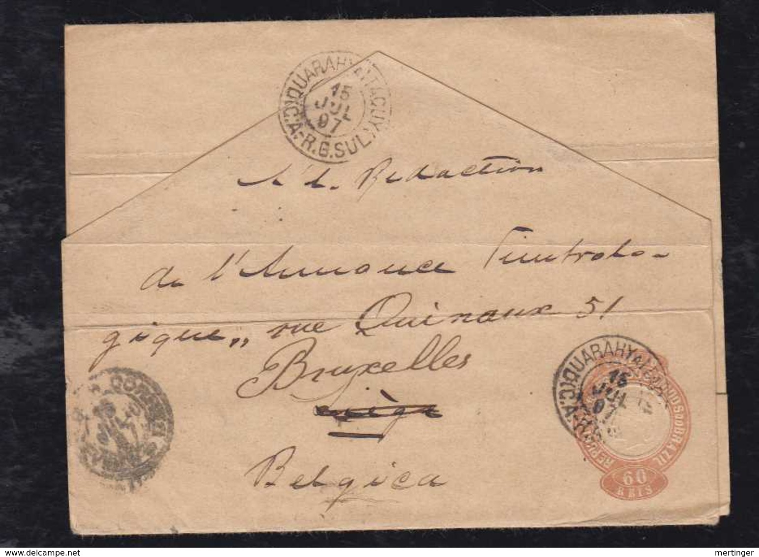 Brazil Brasil 1897 CT 18 Wrapper 60R QUARAHY QUARAI To LIEGE Belgium - Postal Stationery