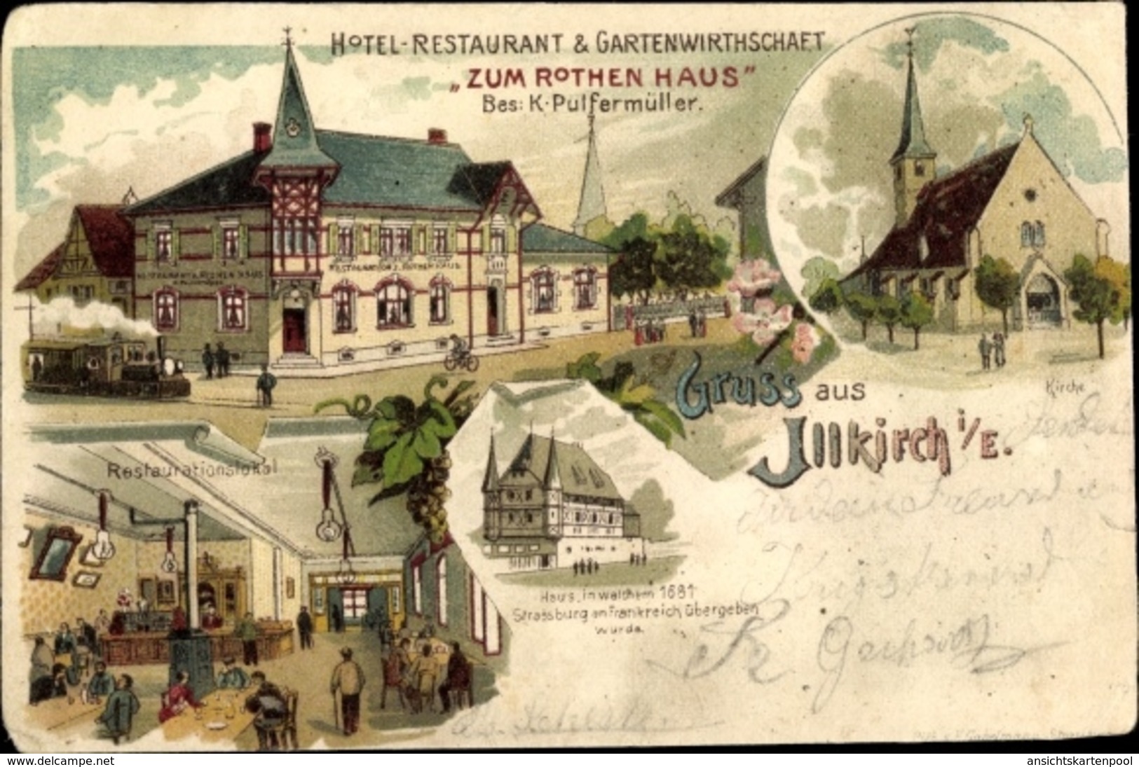 Lithographie Illkirch Graffenstaden Grafenstaden Elsass Bas Rhin, Hotel Zum Roten Haus,Inh. K. Pulfermüller - Autres & Non Classés