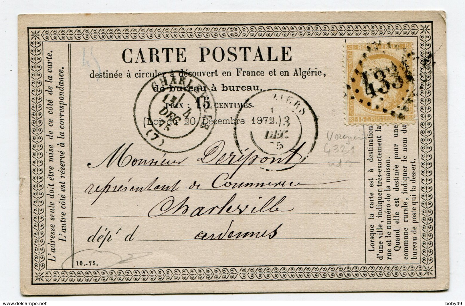 ARDENES De VOUZIERS CP Du 03/12/1875 Avec N°55 Oblitéré GC 4331 - 1849-1876: Période Classique