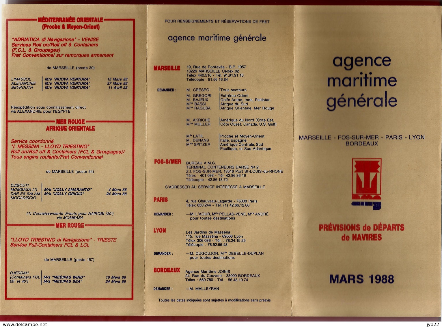 Agence Maritime Générale Marseille Fos Sur Mer Paris Lyon Bordeaux Horaires Départ Mars 1988 - Bateau Porte Container - Wereld