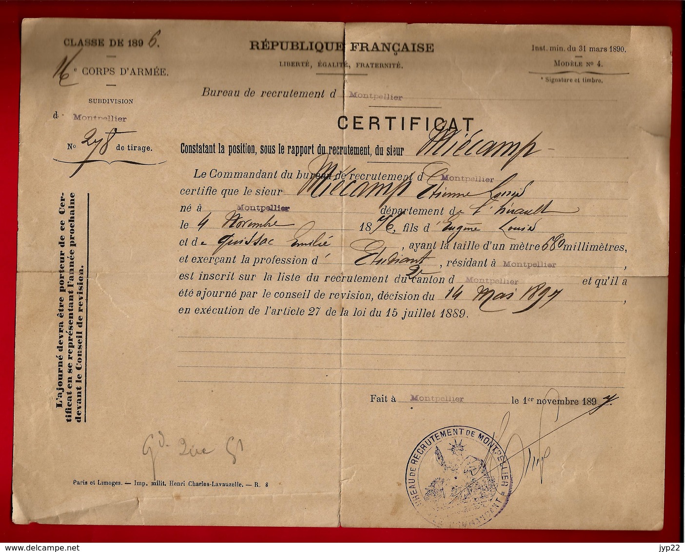 Certificat De Recrutement Armée Montpellier Sieur Miecamp Ajourné Par Conseil De Révision Le 14-05-1897 - 1-11-1897 - Dokumente