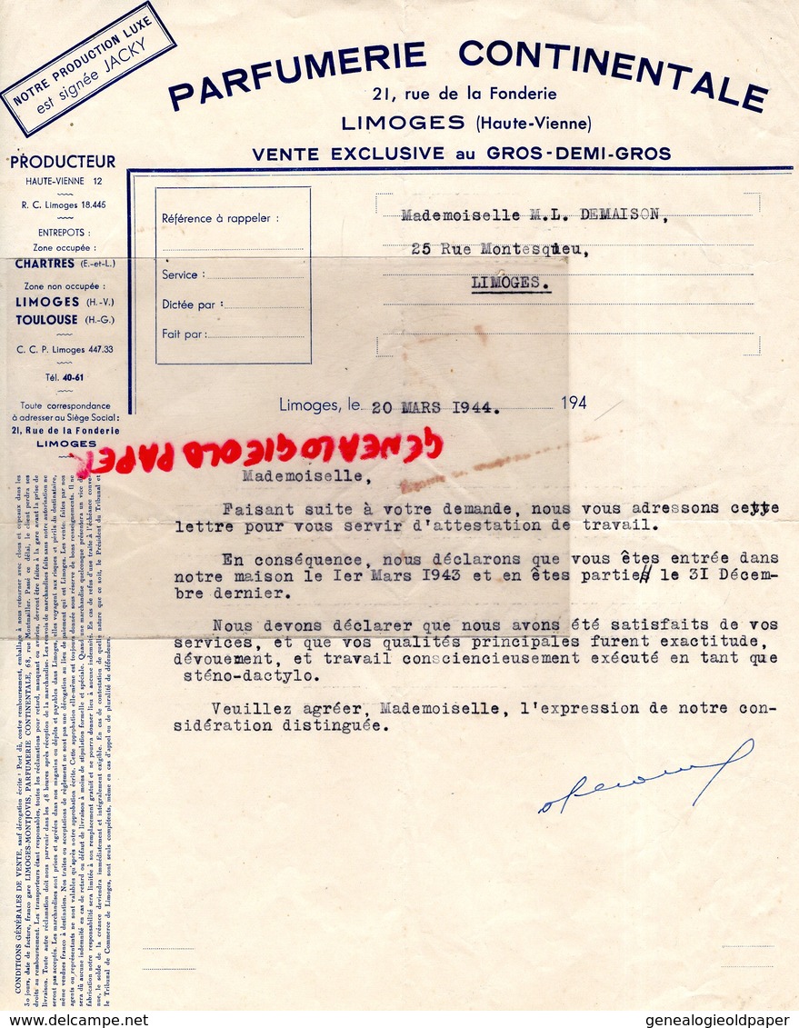 87- LIMOGES- RARE LETTRE PARFUMERIE CONTINENTALE- JACKY-PARFUM- 21 RUE DE LA FONDERIE- 1944 - Droguerie & Parfumerie