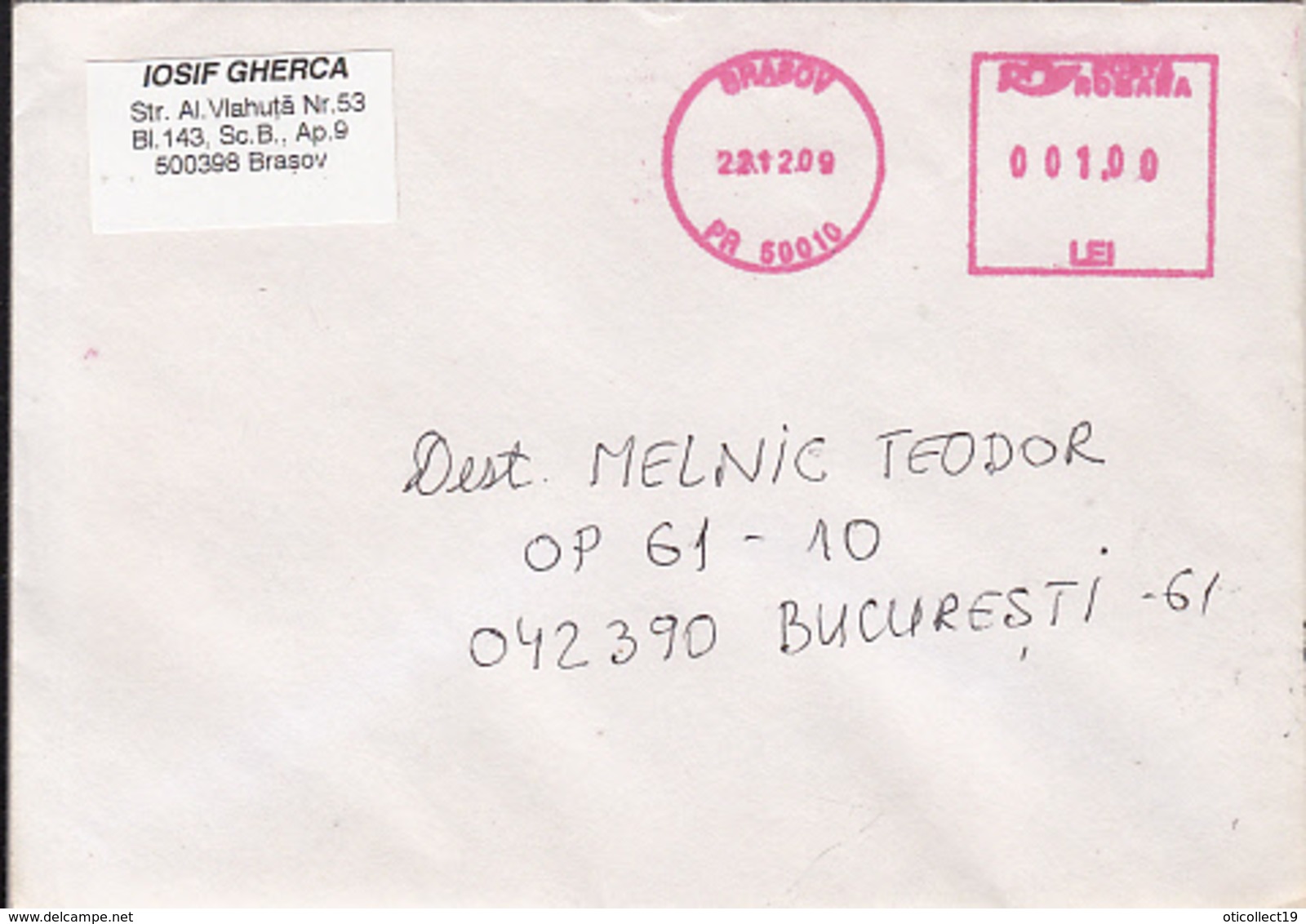 AMOUNT 1.00, BRASOV, RED MACHINE STAMPS ON COVER, 2009, ROMANIA - Brieven En Documenten