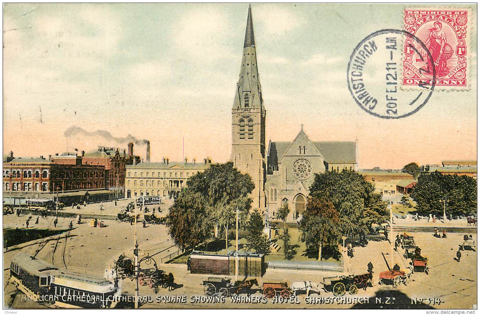 NOUVELLE  ZELANDE ANGLICAN CATHEDRAL SQUARE SHOWING WARNER'S HOTEL CHRIST CHURCH - New Zealand