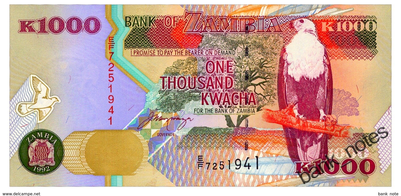 ZAMBIA 1000 KWACHA 1992 Pick 40a Unc - Zambie