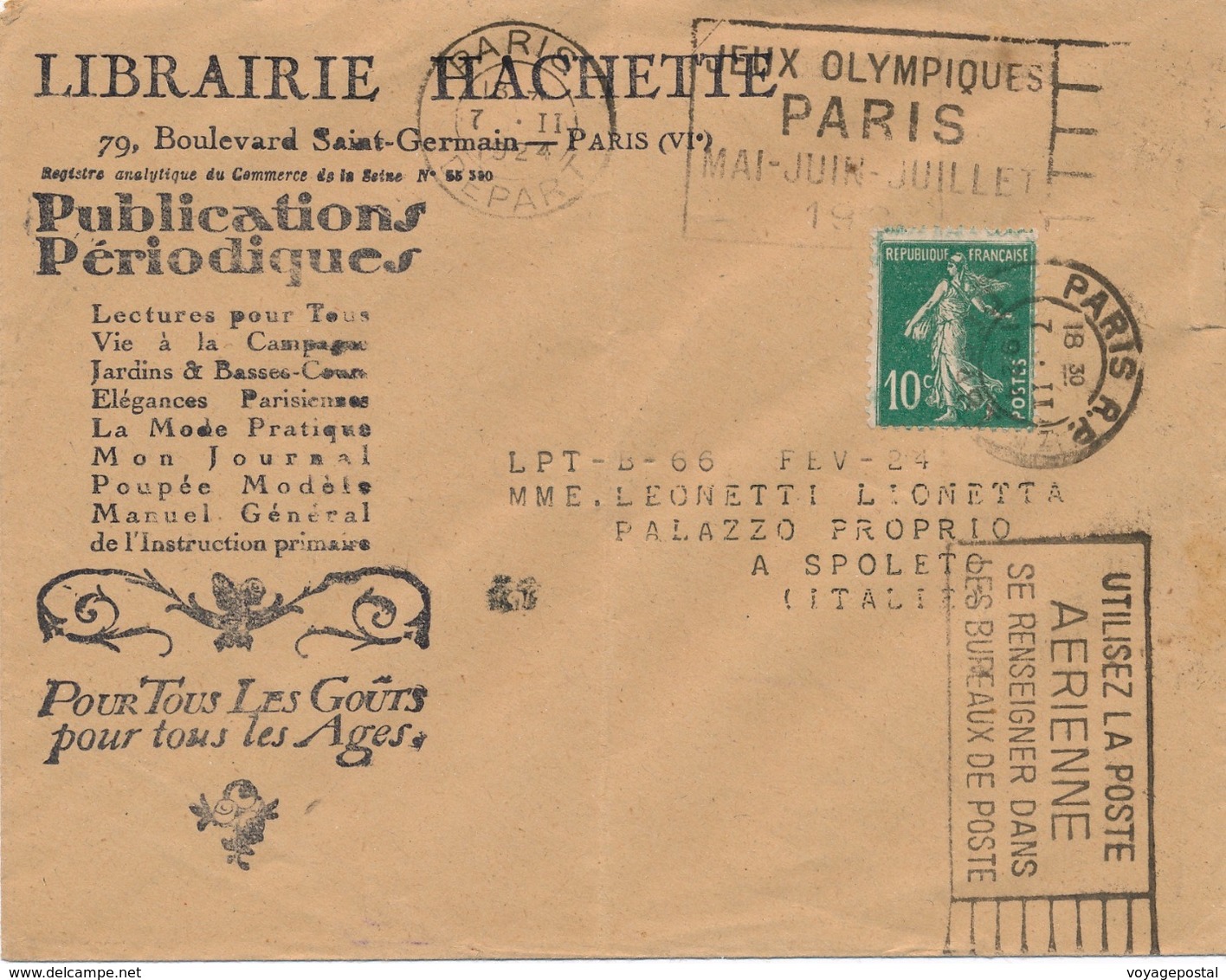 Lettre Librairie Hachette Meca Flammes Jeux Olympiques Semeuse Pour Rome - 1877-1920: Semi Modern Period