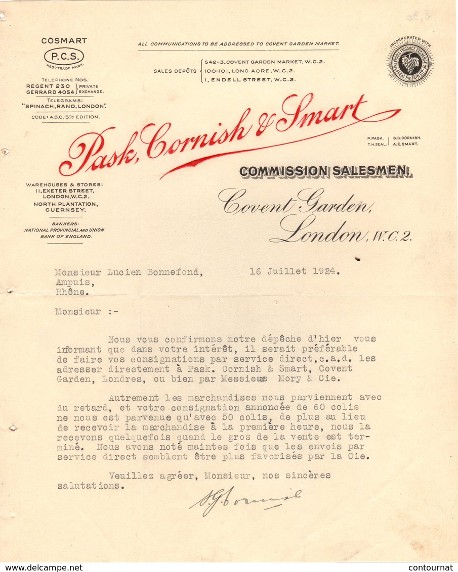 ANGLETERRE LONDON COURRIER 1924  Commission Salesmen Covent Garden  PASK CORNISJ & SMART A25 - United Kingdom