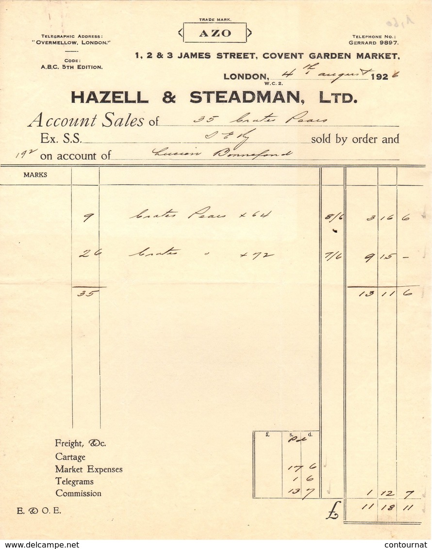 ANGLETERRE LONDON  FACTURE 1927 Covent Garden Market HAZELL & STEADMAN  A25 - Regno Unito