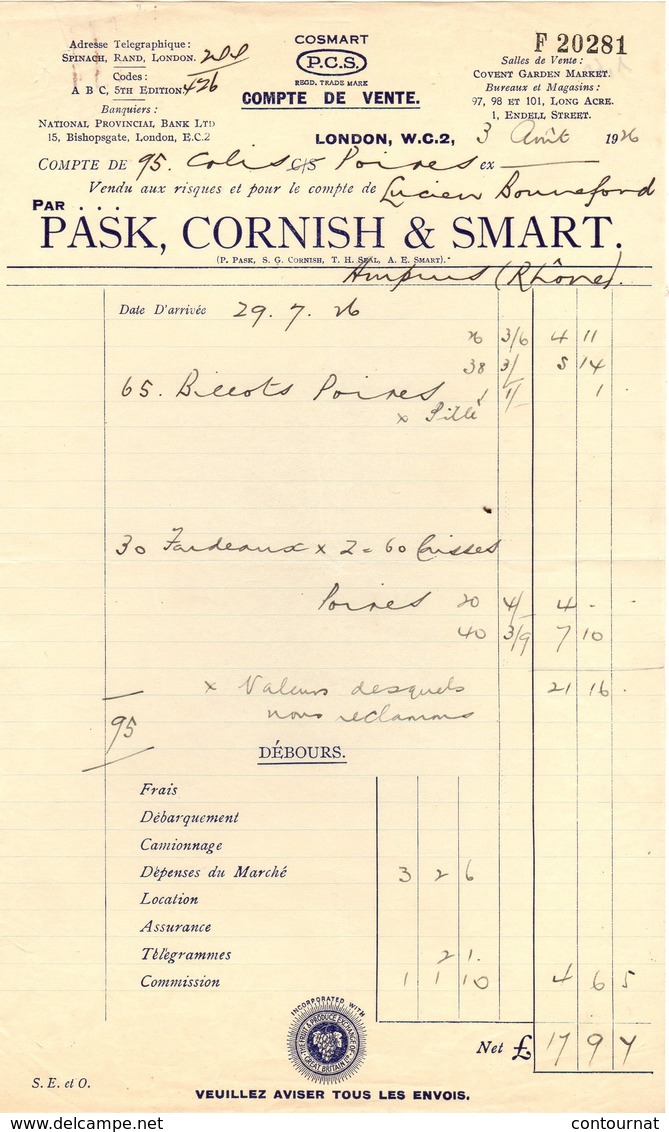 ANGLETERRE LONDON FACTURE 1926  Fruits Legumes PASK CORNISH & SMART   A25 - Reino Unido