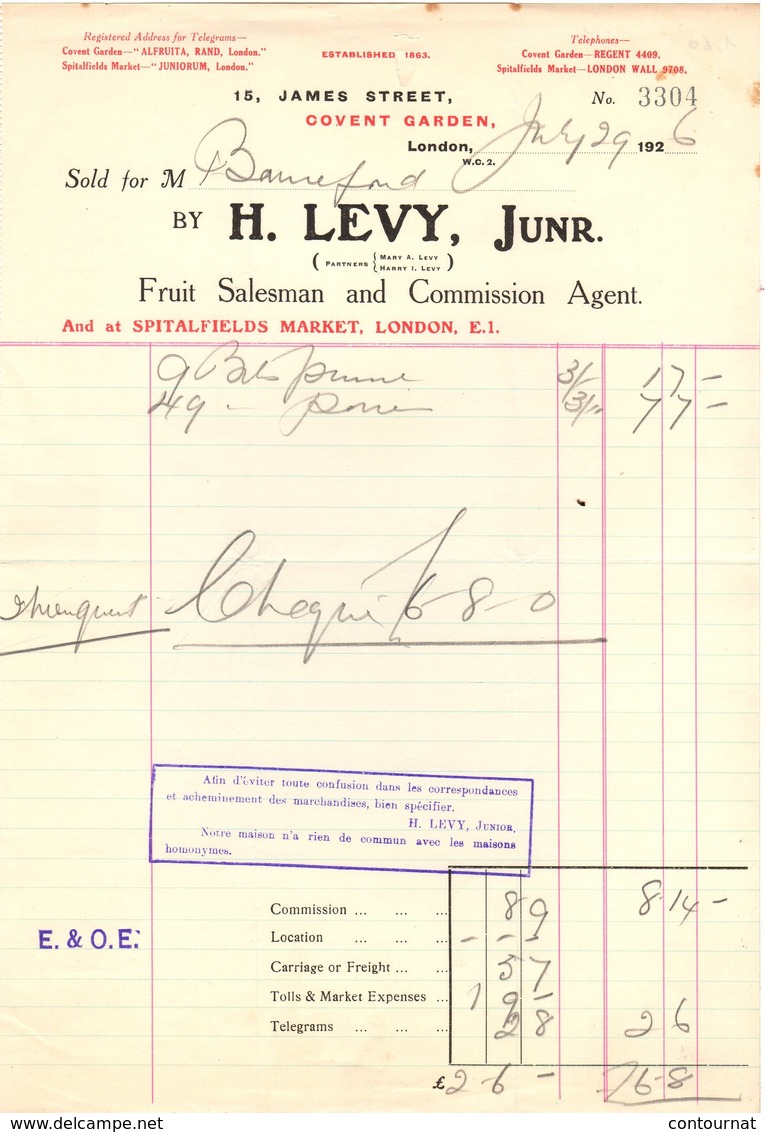 ANGLETERRE LONDON FACTURE 1926  Fruit  Salesman LEVY  Covent Garden A25 - Ver. Königreich