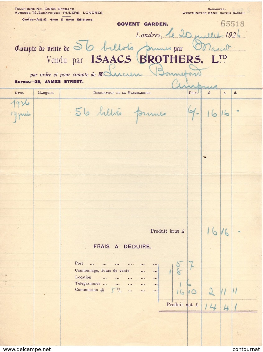 ANGLETERRE LONDON FACTURE 1926  Fruit  Salesman  ISAAC Brothers  Covent Garden A25 - Regno Unito