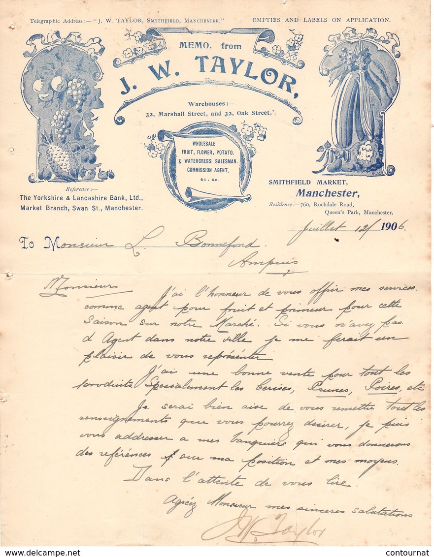 ANGLETERRE MANCHESTER COURRIER 1906 FRuit  Vegetable TAYLOR Smithfield Market    A26 - Royaume-Uni