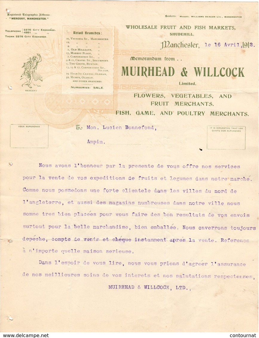 ANGLETERRE MANCHESTER COURRIER 1912 Wholesale Fruits & Fish Markets MUIRHEAD & WILCOCK  A26 - Reino Unido