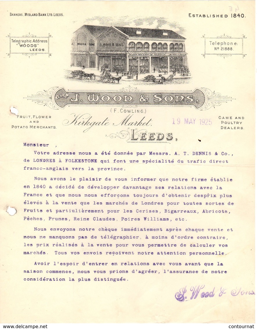 ANGLETERRE LEEDS COURRIER 1925 Fruit Flower Potato Merchants WOOD  A26 - Royaume-Uni