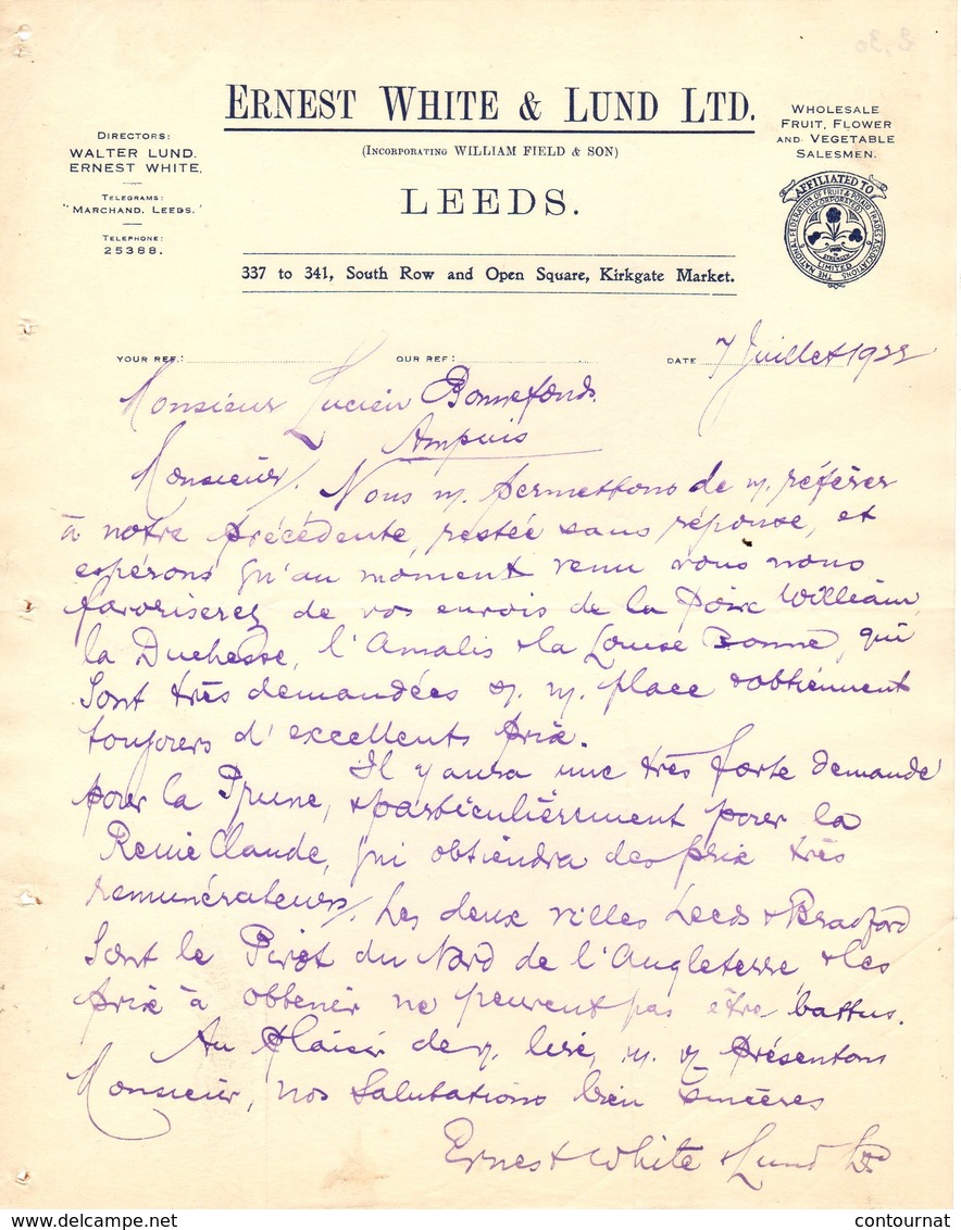 ANGLETERRE LEEDS COURRIER 1935.fruit Flower Merchants WHITE & LUND Kirkgate Market   A26 - Regno Unito