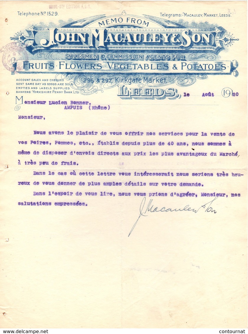 ANGLETERRE LEEDS COURRIER 1920 Fruits Flowers Vegetables MACAULEY Kirkgate Market    A26 - Reino Unido