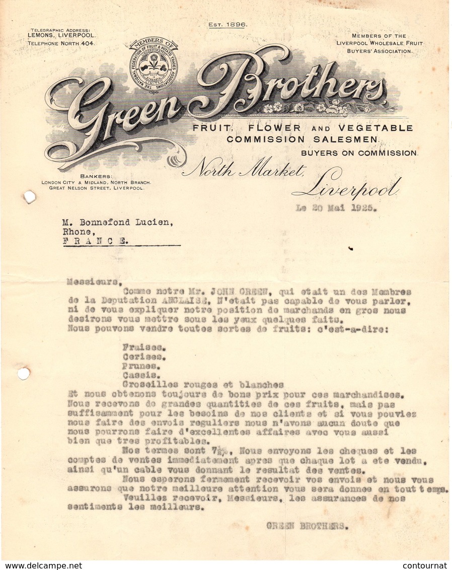 ANGLETERRE LIVERPOOL COURRIER 1925 Fruit Flower Vegetable  GREEN Brothers  North Market    A26 - Reino Unido